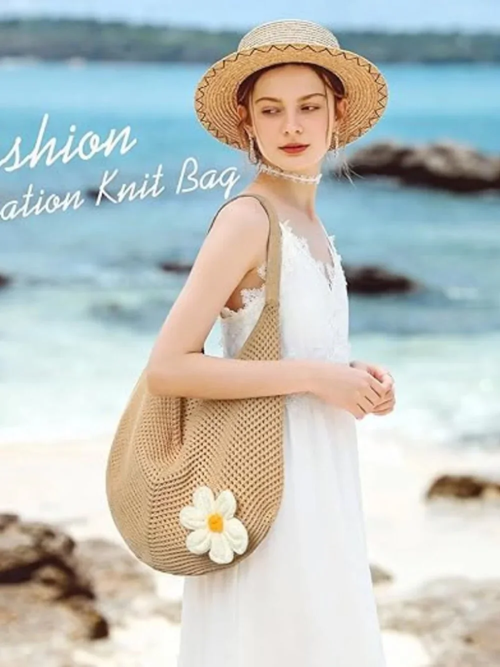 Crochet Beach Tote Bag Women’s Mesh Knit Summer Shoulder Purse